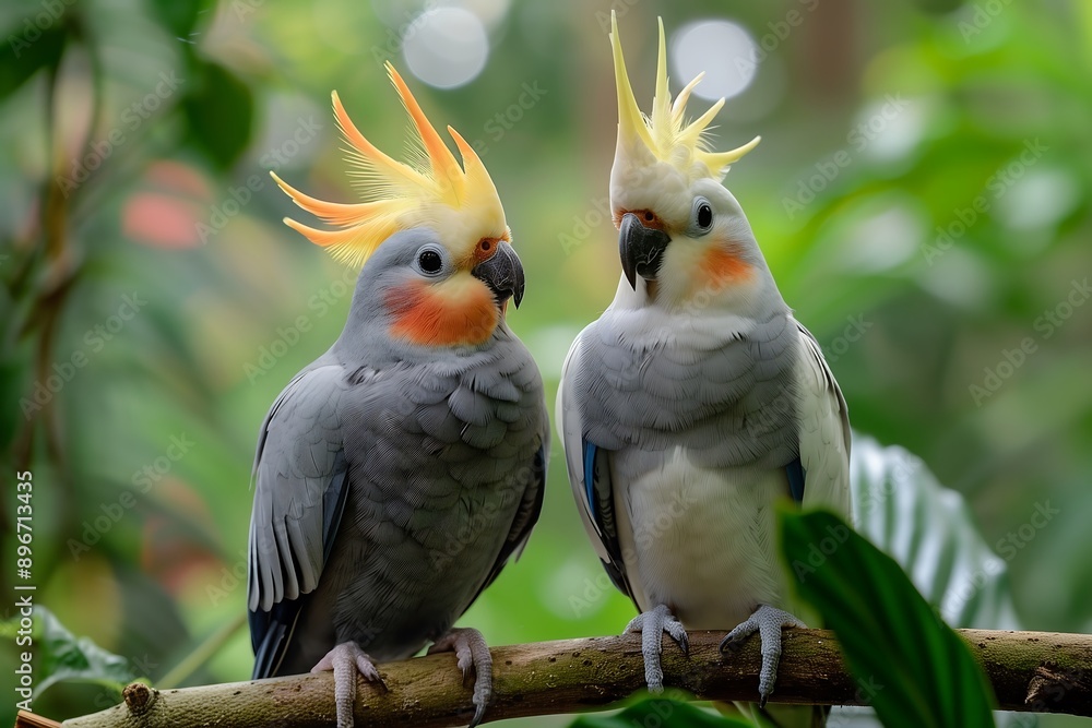 Fototapeta premium Close-up of a cute couple of Cockatiel birds perched among tropical rainforest, showcasing their natural beauty against a vibrant, bokeh backdrop.