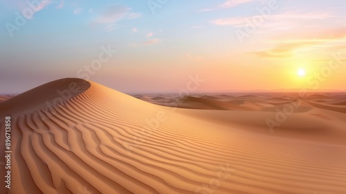 A breathtaking view of golden sand dunes in a vast desert illuminated by the warm hues of a setting sun, creating a serene and majestic landscape.