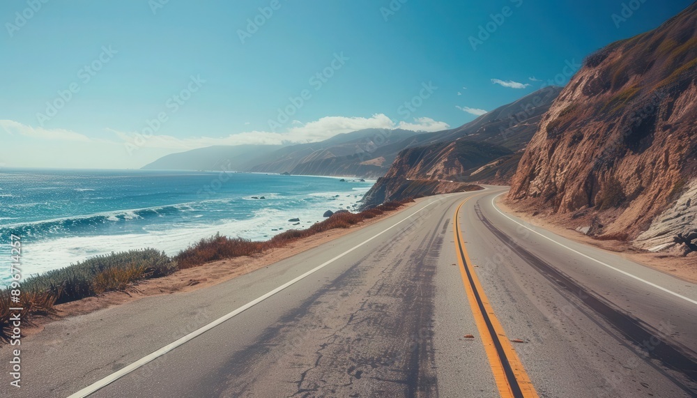 A scenic highway along a rugged coastline, with waves crashing against cliffs on one side and mountains rising on the other A scenic highway along a rugged coastline, with waves crashing against cliffs on one side and mountains rising on the other