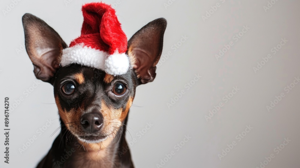 Russian toy terrier wearing a red Christmas hat on a white banner against a white backdrop Russian toy terrier wearing a red Christmas hat on a white banner against a white backdrop