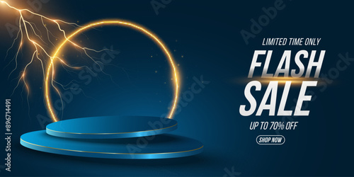 Electro scene for Flash sale. Levitating 3d podium with bright lightning. Trendy pedestal for show your product. Promo business banner template. Vector illustration. EPS 10