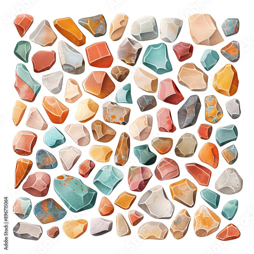 A collection of colorful rocks arranged in a pattern. The rocks are of various sizes and colors, creating a visually interesting and dynamic composition. Isolated on PNGs transparent background