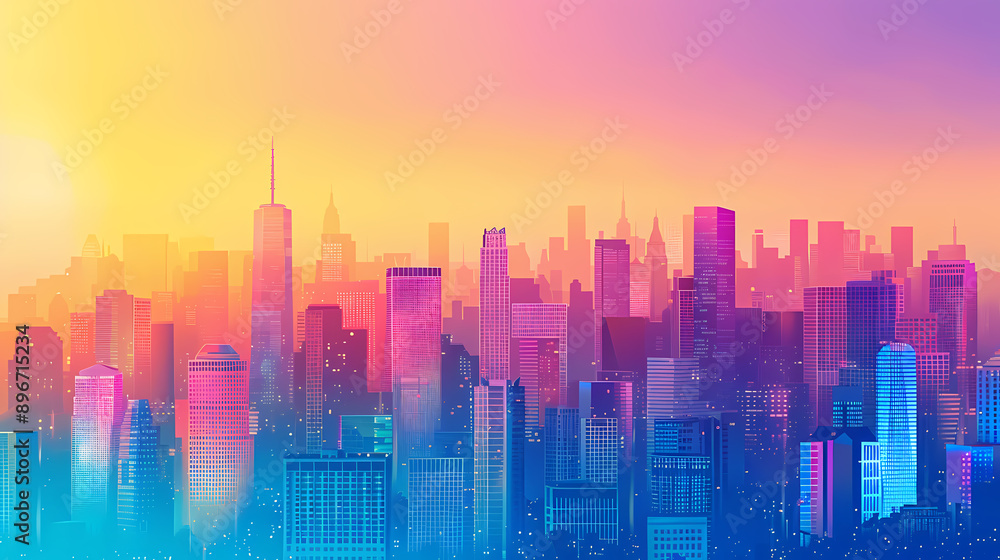 Vibrant cityscape at sunset with colorful gradient sky and illuminated skyscrapers Vibrant cityscape at sunset with colorful gradient sky and illuminated skyscrapers