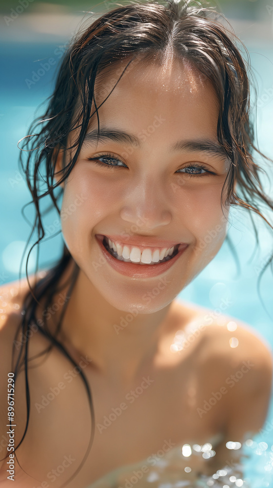 Asian woman with wet, dark hair smiles happily as she sits in a swimming pool Asian woman with wet, dark hair smiles happily as she sits in a swimming pool