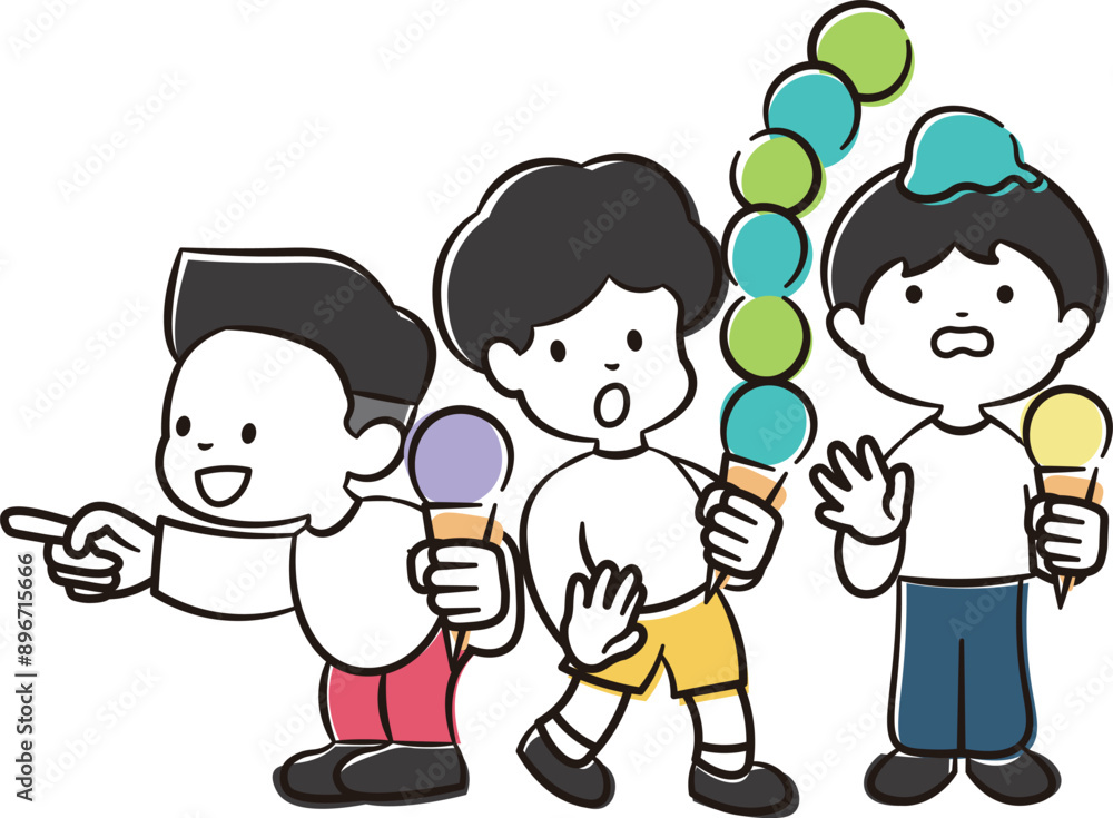 アイスクリームを持つ3人の男の子のイラスト素材