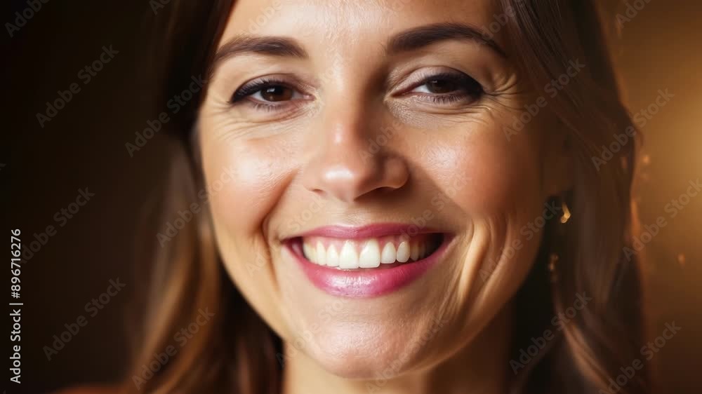 A womans face glowing with happiness and contentment as she looks straight at the camera. A womans face glowing with happiness and contentment as she looks straight at the camera.