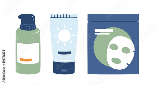 An illustration of skincare products, including face mask, lotion and sunscreen.