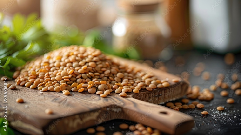 Lentils on a wooden cutting board in the kitchen Lentils on a wooden cutting board in the kitchen