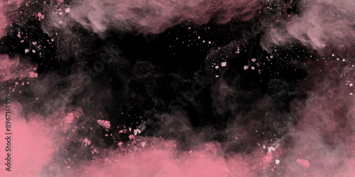 Abstract pink water color hand painted art victor illustration. Dark brown painted smoky textured black color powder explosion. Black and pink Smoke background elegant luxury space with stars.
