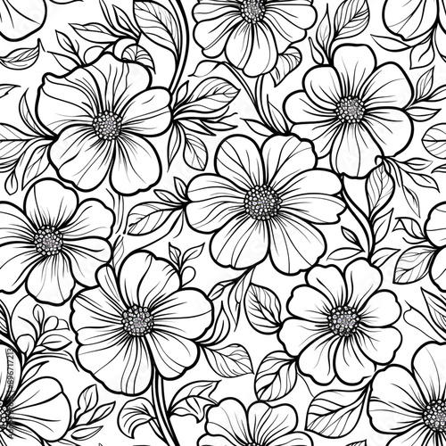 Seamless floral doodle background pattern. Design Asian, ethnic, and tribal patterns. Black and white background. Coloring book.