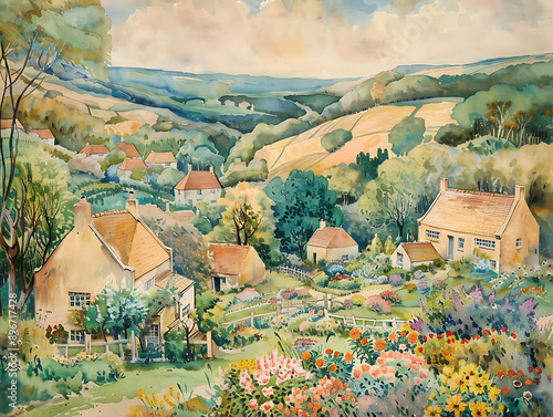 A picturesque watercolor painting of a house nestled within a vibrant garden, with a road stretching into the distance.
