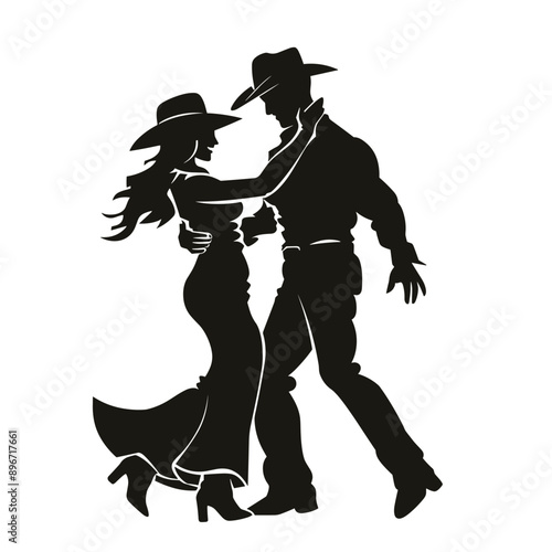 Silhouette of a cowboy and cowgirl dancing.
