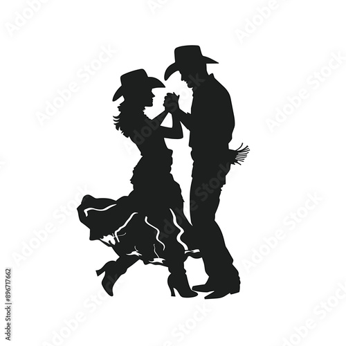 Silhouette of a couple dancing in cowboy hats.