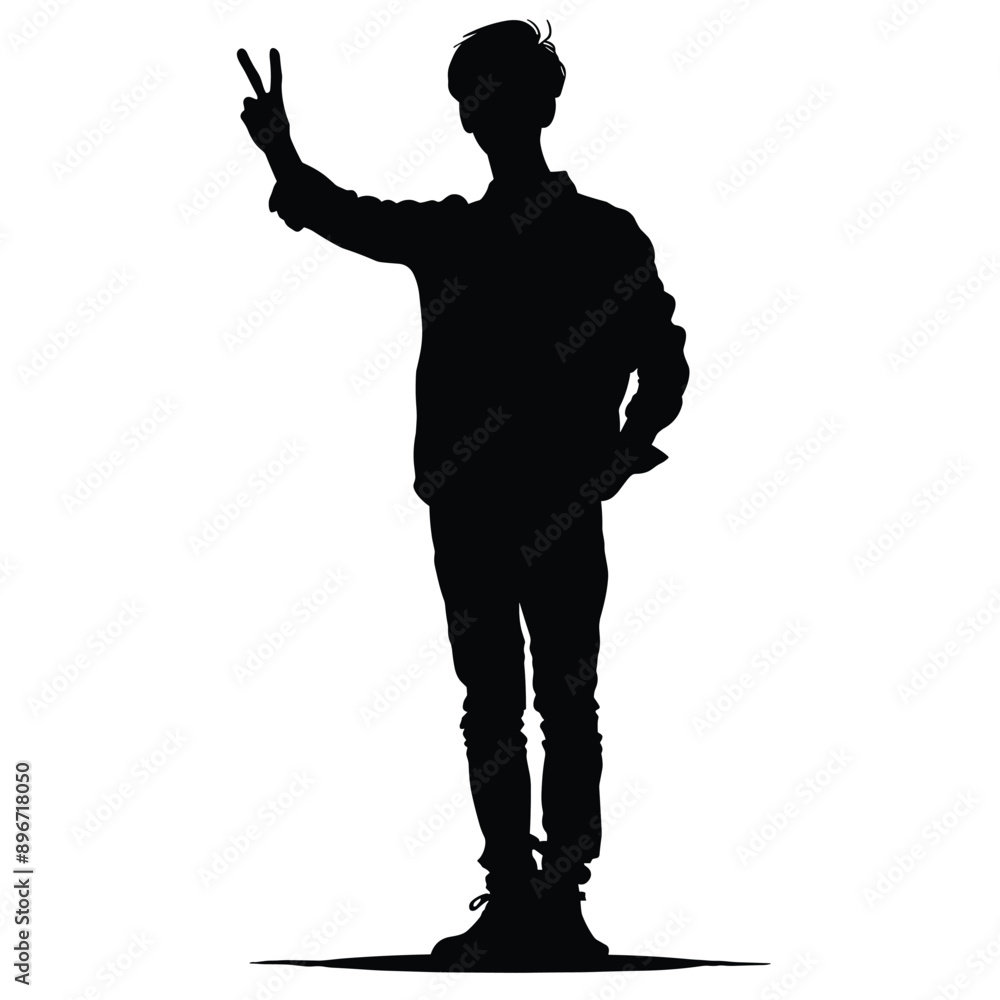 Black silhouette of a man with one hand up making a peace sign. Black silhouette of a man with one hand up making a peace sign.