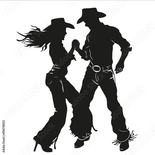 Silhouette of a couple in cowboy hats line dancing.