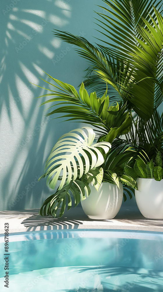 A swimming pool sits beneath a bright blue sky, surrounded by lush, leafy tropical plants. The sun casts shadows on the wall and the pool's surface, copy space, background A swimming pool sits beneath a bright blue sky, surrounded by lush, leafy tropical plants. The sun casts shadows on the wall and the pool's surface, copy space, background