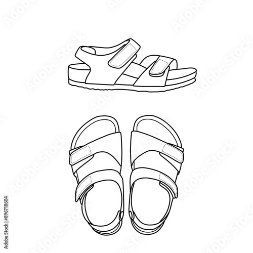 Vector sketch of slingback flat sandal for kids, top and side view. Isolated on a white background