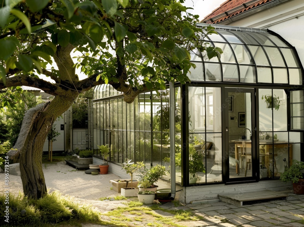Greenhouse with large glass door and trees in the garden. Nobody inside Greenhouse with large glass door and trees in the garden. Nobody inside