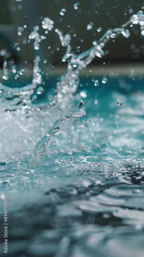 Water droplets splash and spray as they fall into a swimming pool, background Water droplets splash and spray as they fall into a swimming pool, background