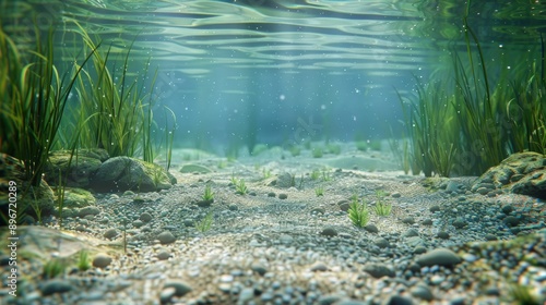 Underwater Scene with Pebbles and Grass photo