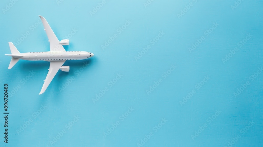 Aerial shot of white toy plane on blue background with space for text travel theme Aerial shot of white toy plane on blue background with space for text travel theme