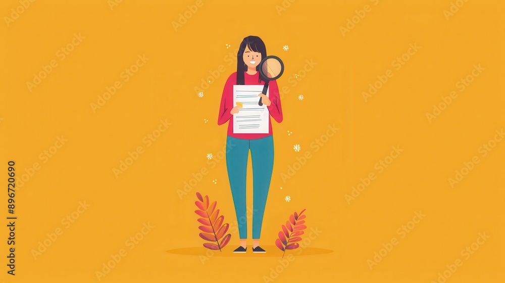 Woman holding fake contract with magnifying glass, Deceit, uncovering fine print and fraud