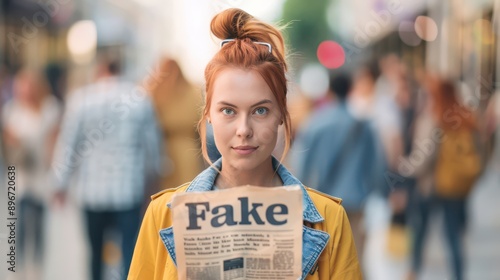 Woman holding a Fake News newspaper, Fake, misinformation and media distrust