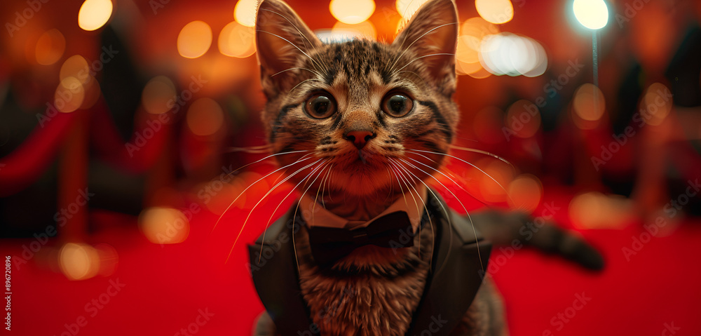 A cat donning a tuxedo while strolling on a red carpet. A cat donning a tuxedo while strolling on a red carpet.