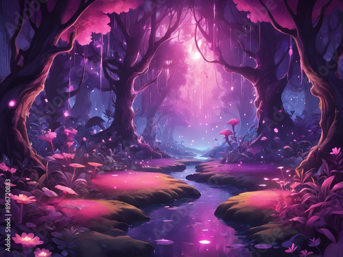 abstract glowing Pink fantasy magic forest cartoon background illustration