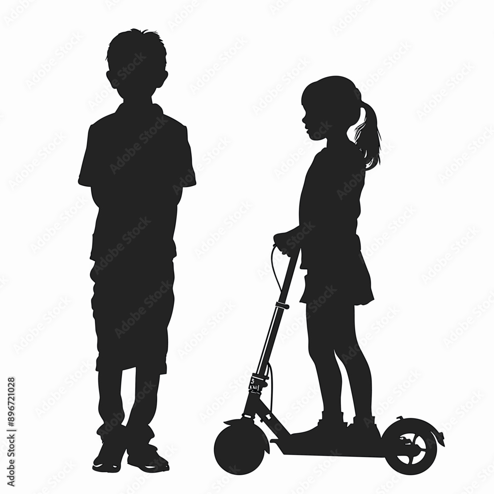 Silhouettes of a boy and a girl on a scooter. Silhouettes of a boy and a girl on a scooter.