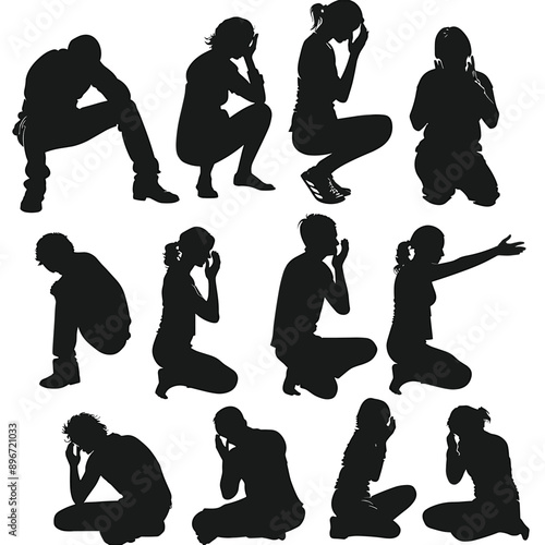 Silhouettes of people in various poses of sadness and despair.