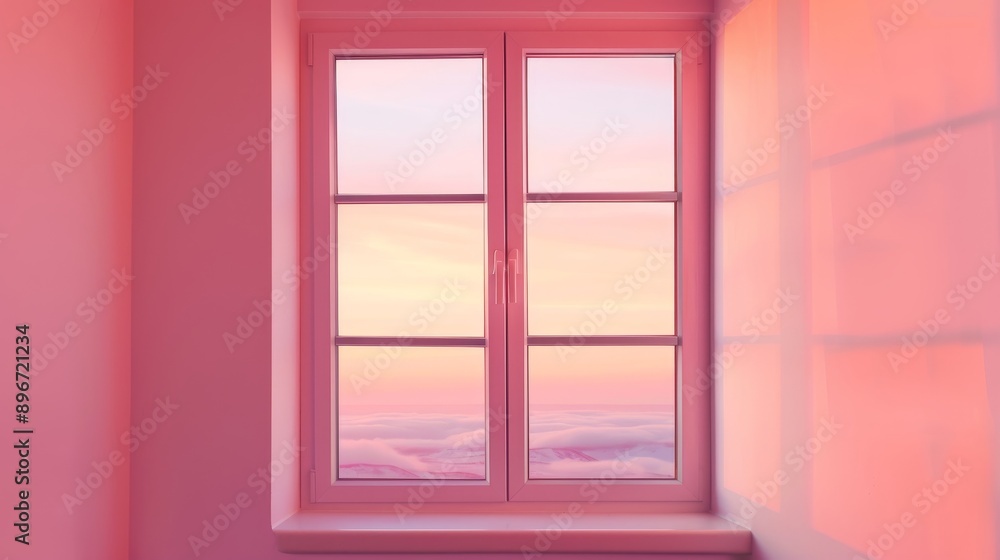Sunset glow through closed pvc window in apartment room, creating a tranquil ambiance Sunset glow through closed pvc window in apartment room, creating a tranquil ambiance