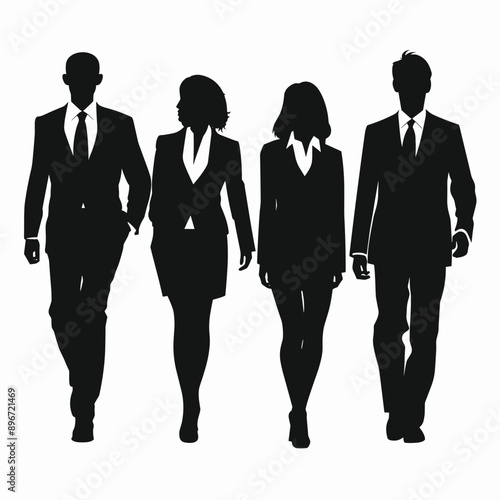 Silhouettes of four business people walking together.