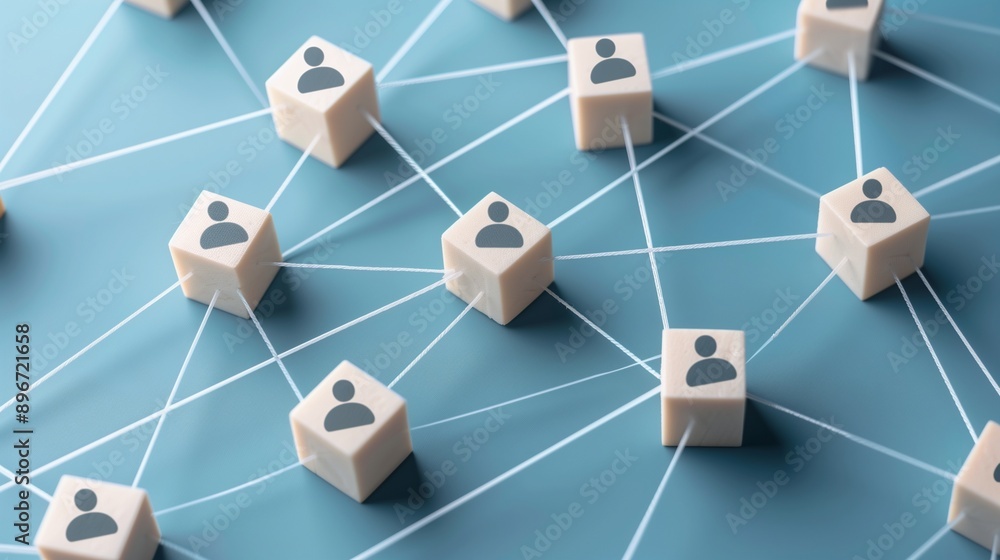 Blue background network of blocks with white strings, small icons on each. Blue background network of blocks with white strings, small icons on each.