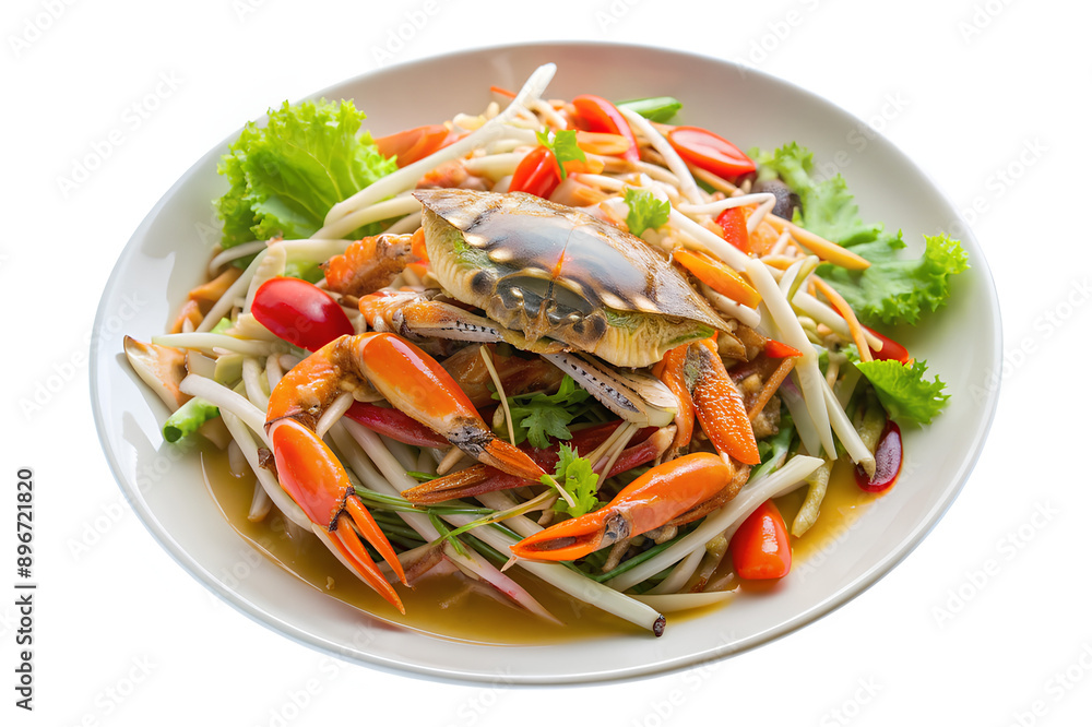 Papaya salad with fresh blue swimming crab, put papaya in a white plate, isolated on white background Papaya salad with fresh blue swimming crab, put papaya in a white plate, isolated on white background