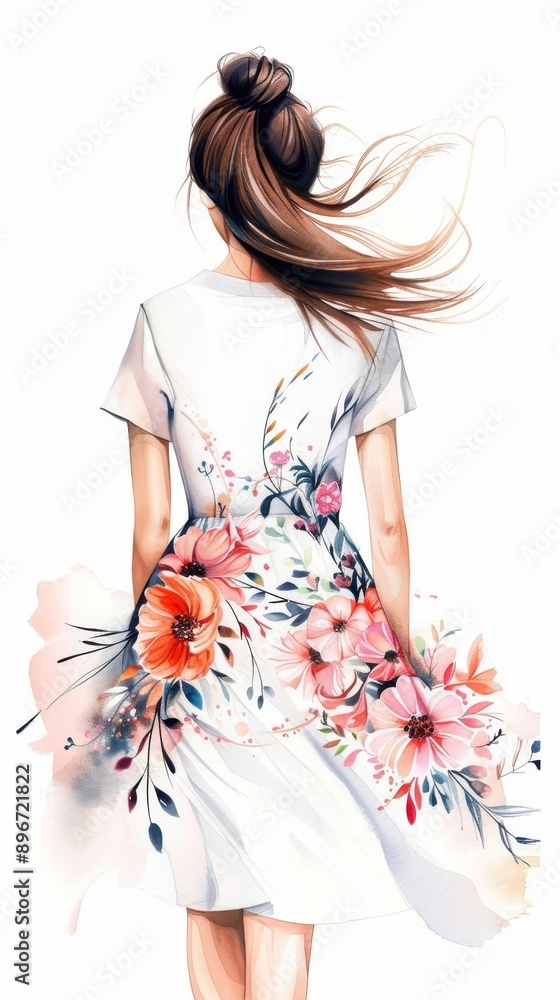 Fashion sketch of a girl in a casual summer dress, light and breezy with floral patterns, capturing the essence of a sunny day, vibrant colors