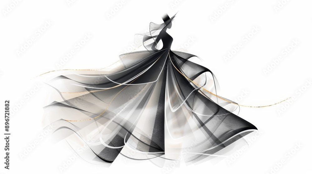 Fototapeta premium Fashion sketch of an avant-garde evening gown with intricate detailing, hand-drawn in a modern artistic style, showcasing fluid lines and dynamic shapes