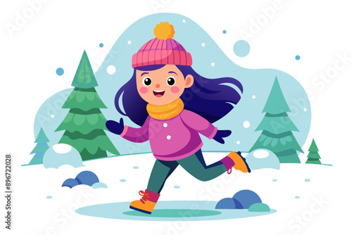 a child play in the snow, minimal style flat vector illustration