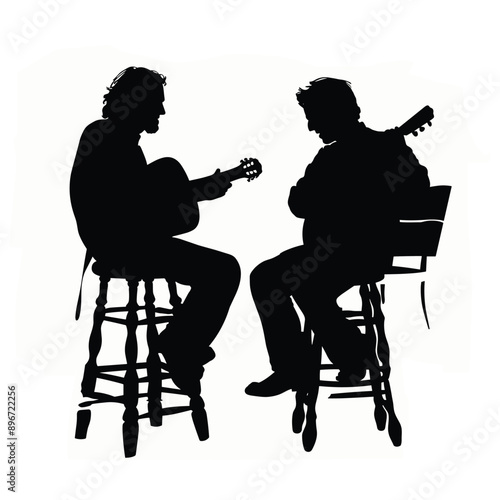 Silhouette of two men playing guitars, sitting on stools.