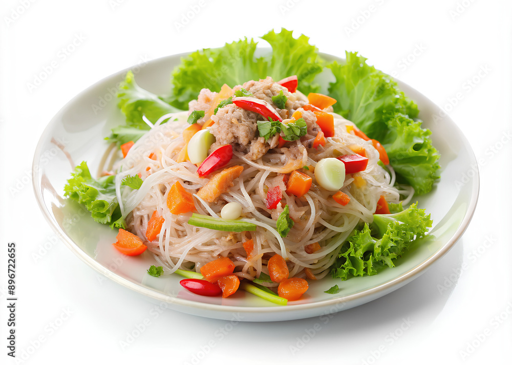 Thai salad made with clear bean vermicelli and meat. (Yum woon sen), isolated on white background, Selective focus Thai salad made with clear bean vermicelli and meat. (Yum woon sen), isolated on white background, Selective focus