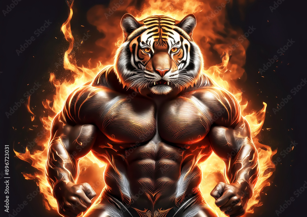 Fototapeta premium 燃え上がる火炎と鍛え上げられた筋肉質の虎のボディビルダーの3dイラスト 