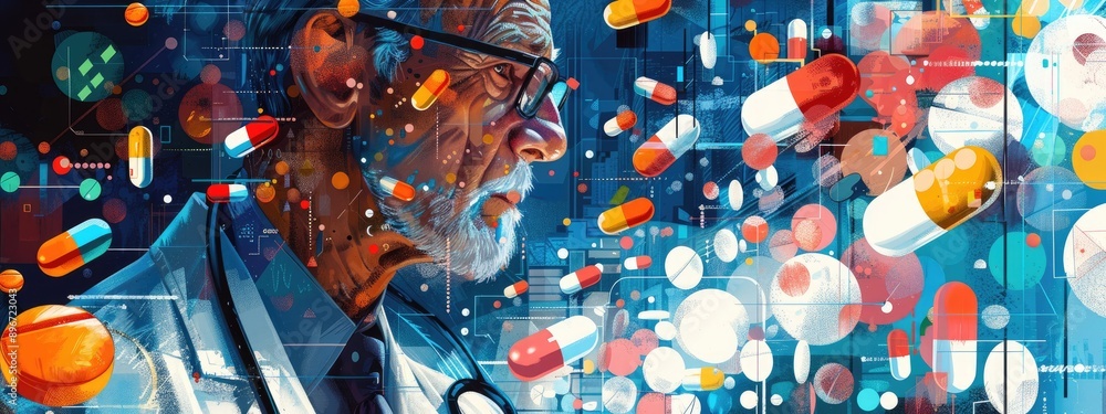 Futuristic Healthcare Science: Elderly Doctor Analyzing Virtual Reality Medicine Futuristic Healthcare Science: Elderly Doctor Analyzing Virtual Reality Medicine