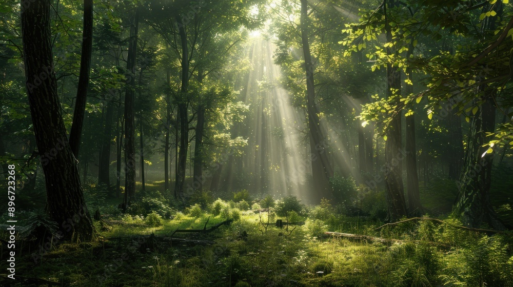 Obraz premium Sunlight Rays in a Lush Forest