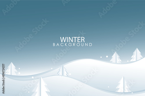 Winter landscape with snowdrifts and snowy fir trees. Vector 3d illustration. Seasonal nature background. Frosty snow hills.