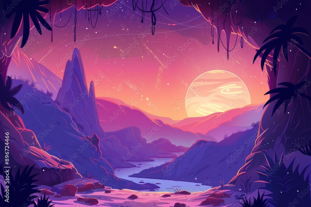 Purple Mountain Landscape with River at Sunset Purple Mountain Landscape with River at Sunset