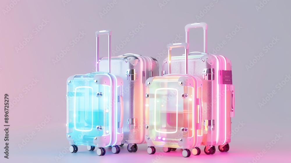 Colorful halo light around transparent suitcases in a minimalist setting, perfect for modern travel-themed designs. Colorful halo light around transparent suitcases in a minimalist setting, perfect for modern travel-themed designs.