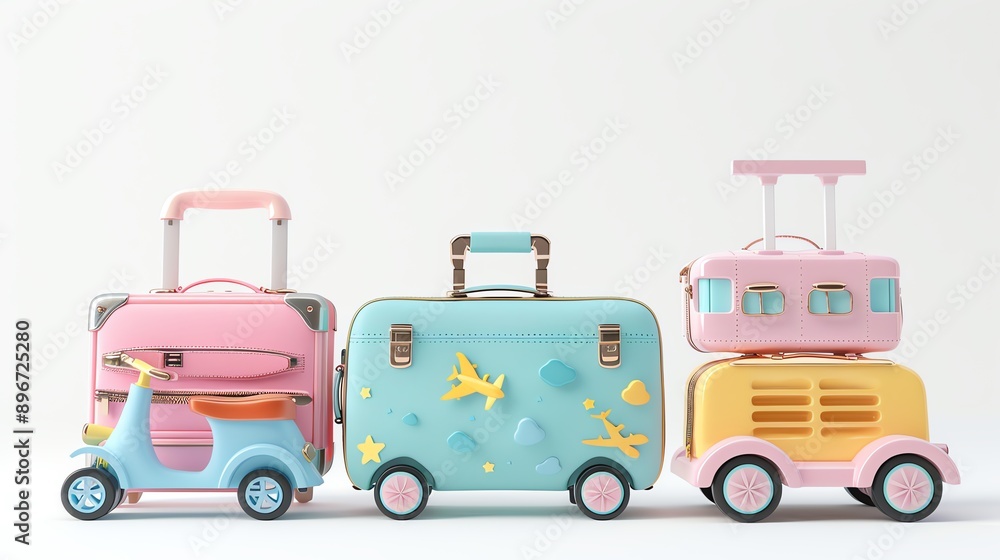 Fototapeta premium Colorful kids' luggage sets with playful designs, ready for travel. Includes suitcase, scooter, and train cases in pastel colors.