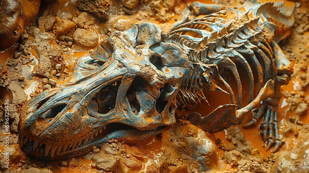 Fototapeta premium Excavation Site Discovery: Dinosaur Skeleton and Fossil Unveiling