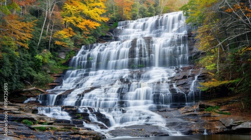 Cascading Waterfall in Autumn Forest