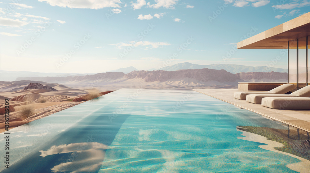 Fototapeta premium A luxurious infinity pool overlooking a desert landscape with a modern architectural structure and clear blue sky